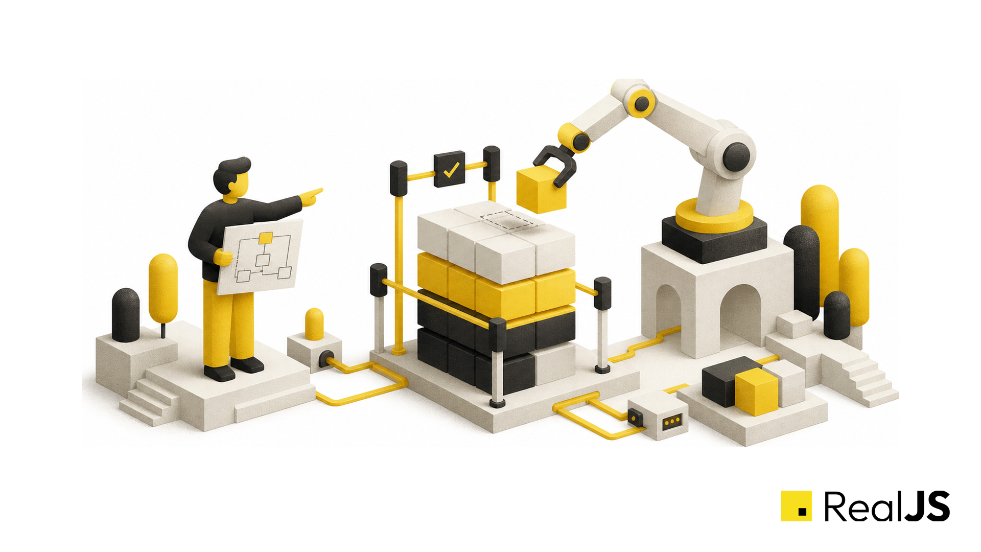 A developer holding a flowchart points as a robotic arm lowers a yellow cube onto a stack of white, yellow, and black blocks inside a frame marked with a checkmark.